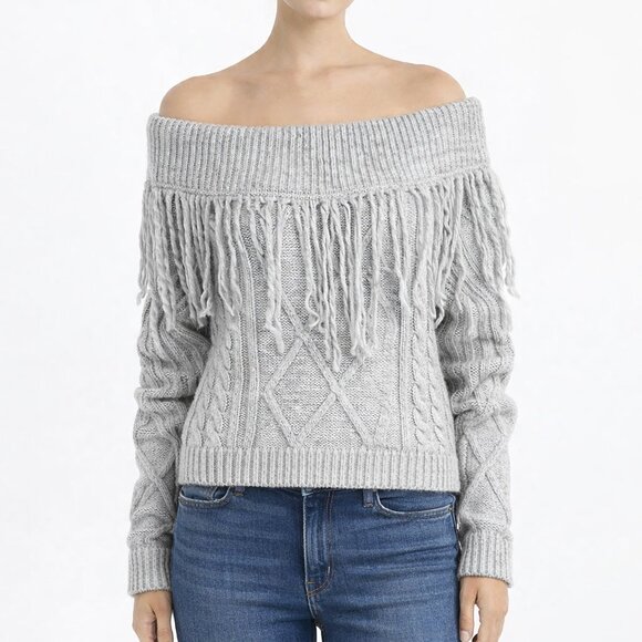 Sweaters - Fringe Knit Angora Off the Shoulder Sweater Small Grey Western Cowgirl Boho